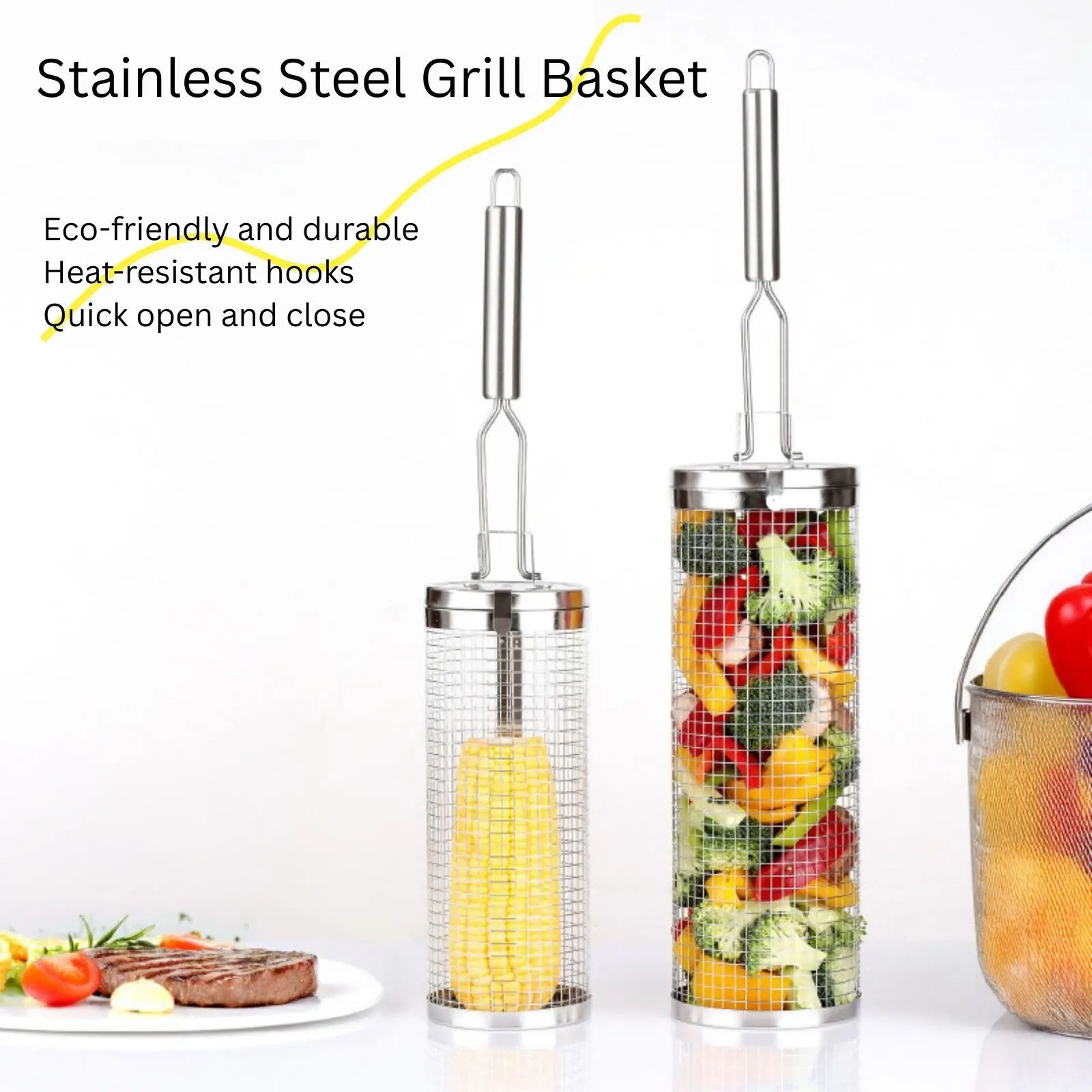 Camping Cooking Vegetables - Stainless Steel Rolling Grill Basket –