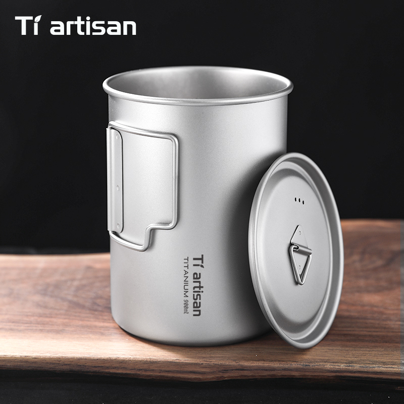 Camping Cooking Set Lightweight - Tiartisan 750ml/ 900ml Titanium Foldable Handle