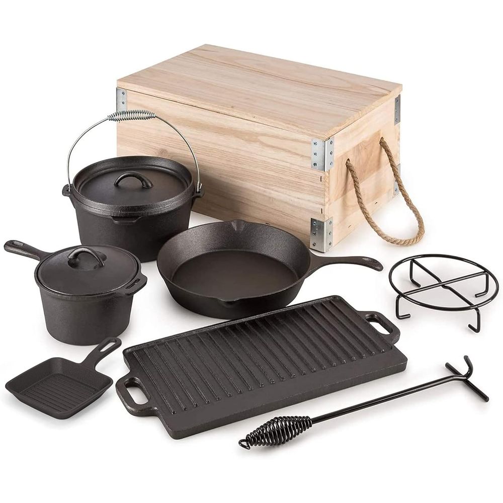 Vintage Camping Cooking Set - 8 Piece Pre-Seasoned Dutch Oven Cooking